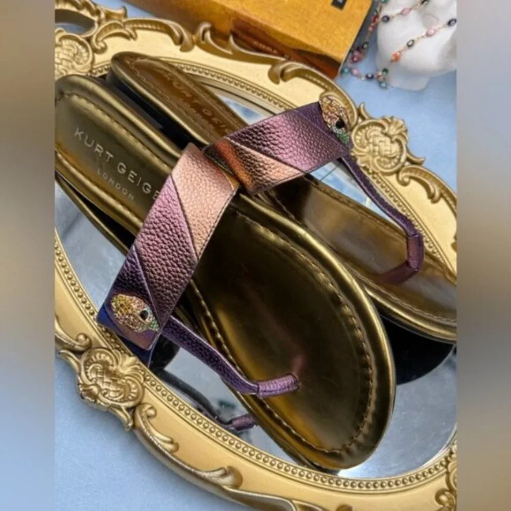 🆕 KURT GEIGER LONDON 🧿 NWOB Kensington T-Bar Sandal, Metallic Rainbow, Sz US 7 - Picture 11 of 13